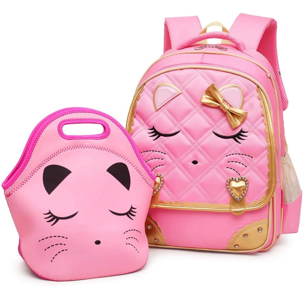 EfreeCute🥰Cat🐱FaceBow🎀Diamond Bling WaterproofPinkGirls👧🏻School🚌Backpack🎒